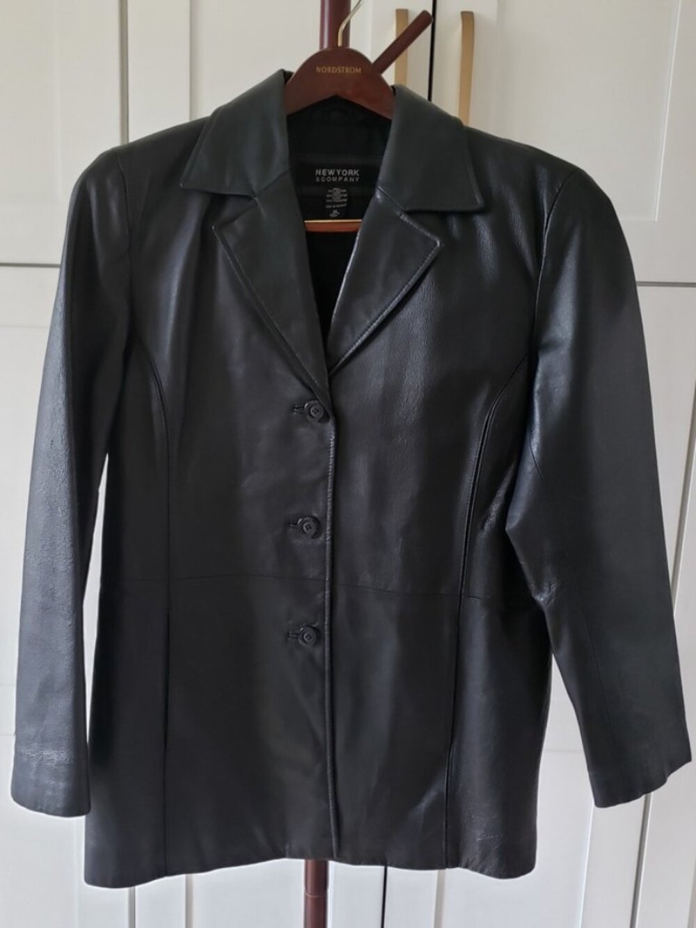 New York & Company Black Leather Button-Front Blazer